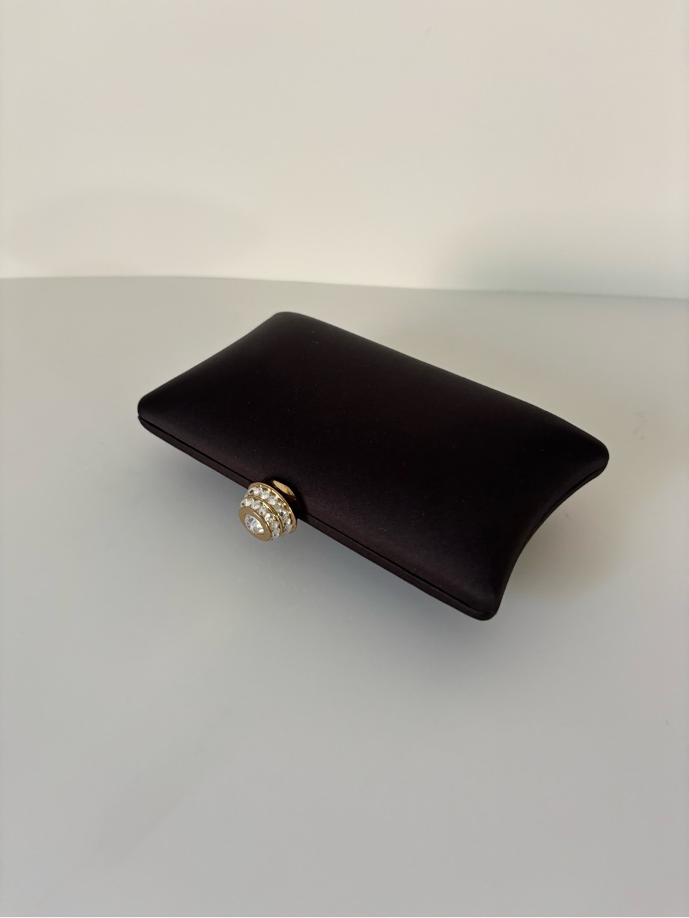 Carlo Fellini Elegant Black Satin Evening Clutch with Crystal Knob & Gold Chain